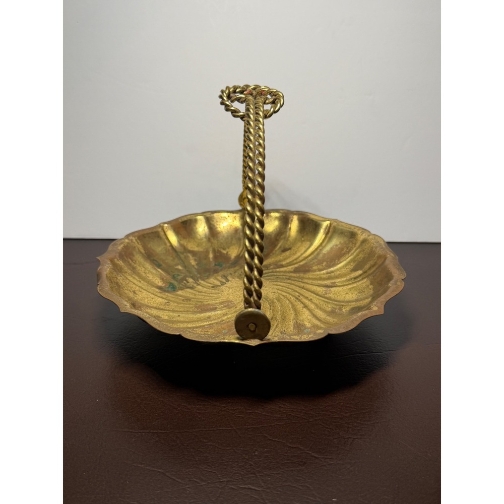 Vintage Hampton Brass Scalloped Tidbit Basket Twisted Handle Made in India